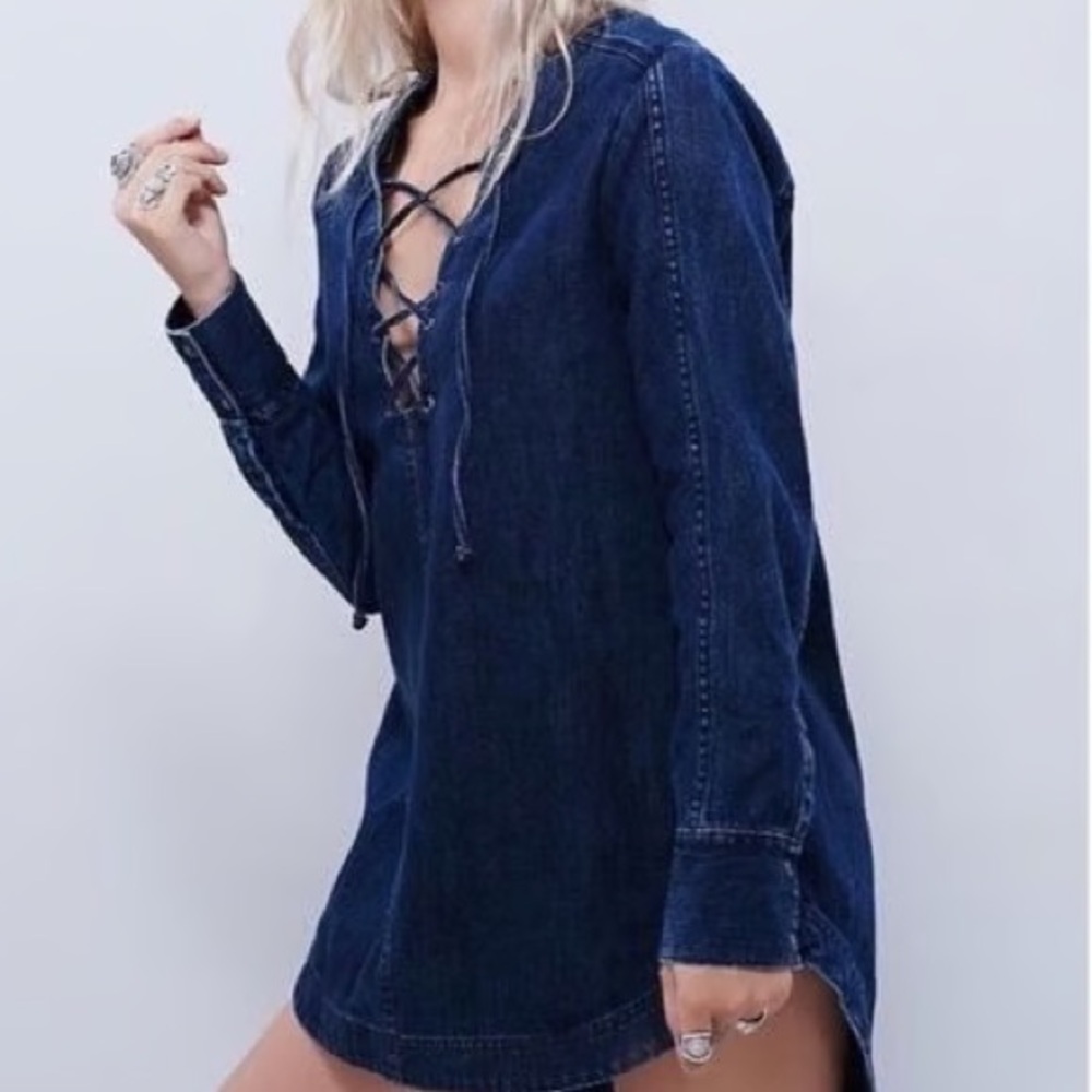 Woman's Free People Small Neapolitan Dreams Denim Tunic Lace Up Top Blue